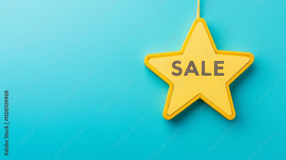 yellow star with sale sign on blue background . Generative AI yellow star with sale sign on blue background . Generative AI