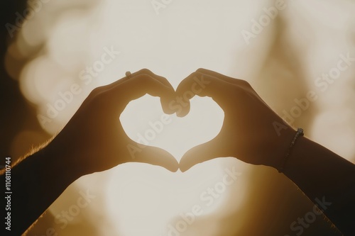 Couple making heart shape with hands at sunset for valentine's day