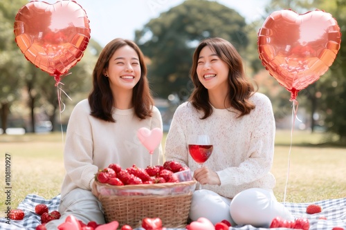 Lesbian couple enjoying valentine's day picnic with strawberries and wine