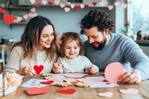 Family celebrating valentine's day by crafting heart-shaped decorations together