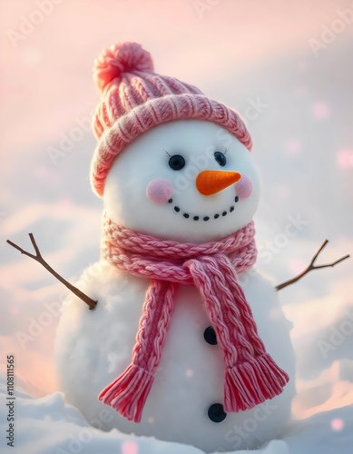 Adorable Snowman with Pink Knit Hat and Scarf in Winter Sunshine Generative AI