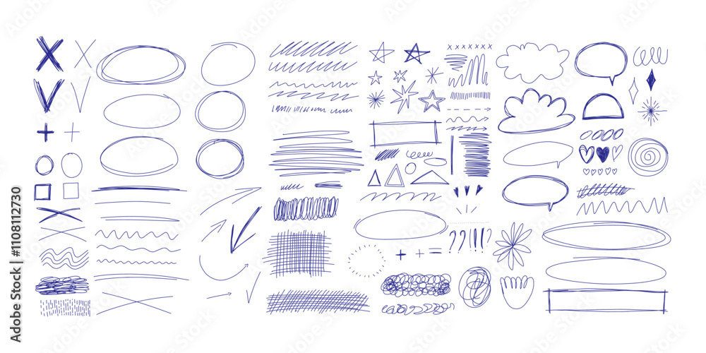 Blue ballpen scribble art collection. Simple scratch squiggle lines set. Hand drawn marks, underline strokes, doodles and arrows. Grunge marker stroke