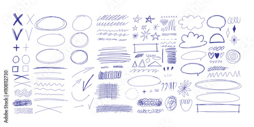 Blue ballpen scribble art collection. Simple scratch squiggle lines set. Hand drawn marks, underline strokes, doodles and arrows. Grunge marker stroke