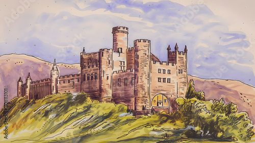 A watercolor drawing of a historic castle atop a hill