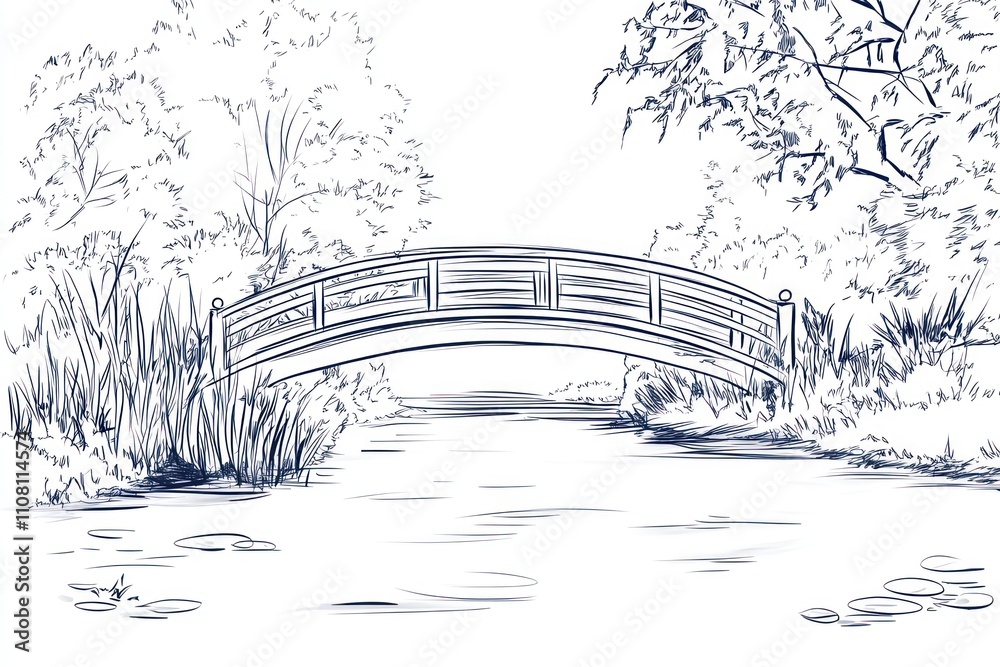 Obraz premium Serene Landscape Featuring An Arched Wooden Bridge Over Water