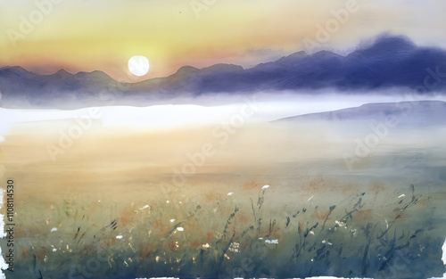 A watercolor drawing of a misty morning over a meadow