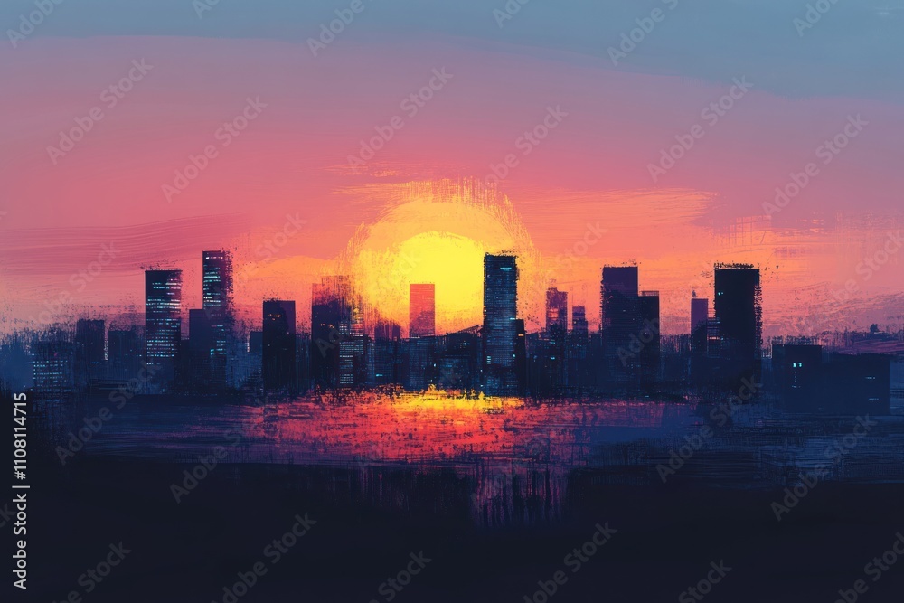 Obraz premium City Skyline Sunset Vibrant Colors Artistic Painting
