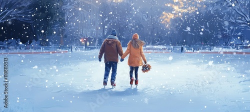 Romantic Winter Ice Skating Couple Holding Hands on a Snowy Outdoor Rink photo