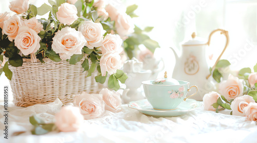 Cup of tea with pastel pink roses in a basket on the windowsill