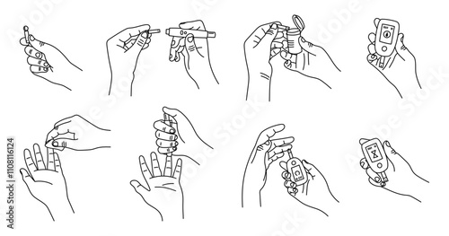 Blood glucose test. Using glucometer, check glucose. Diabetes. Vector line art illustration, doodle