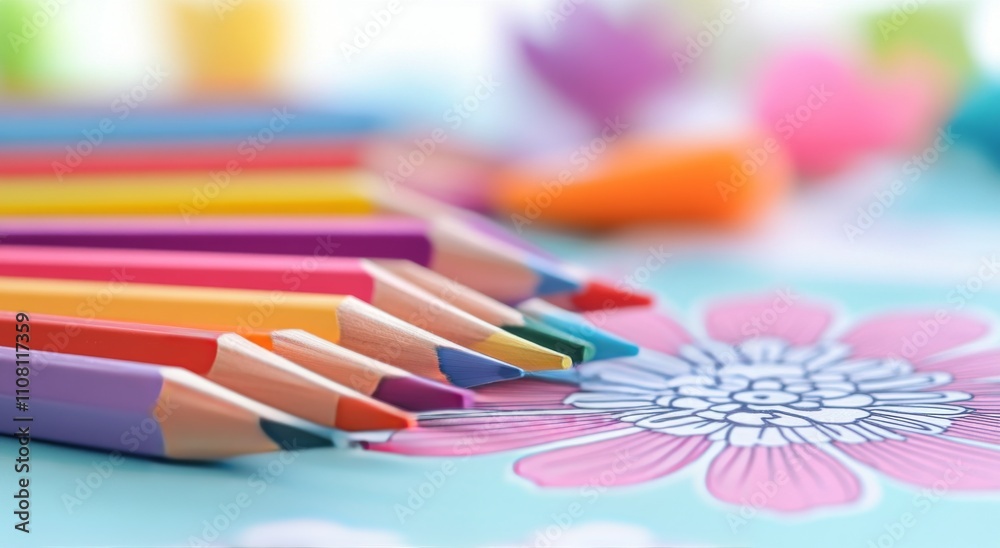 Fototapeta premium Colorful pencils arranged on floral patterned paper for creative activities