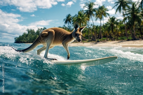 Kangaroo riding a surfboard on ocean waves with palm trees in the background, blending wildlife and adventure in a tropical setting photo