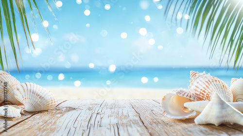 Seashells and palm leaves on a wooden table with sea background