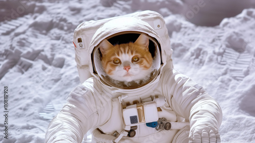 Cat explores lunar surface in astronaut suit during bright day photo