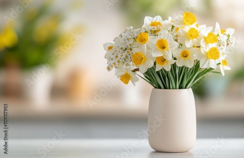 Wallpaper Mural Bright yellow daffodils in a jar on a table by the beach during sunset Torontodigital.ca