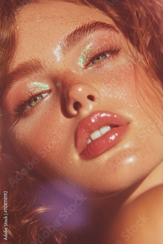 woman with glowing fair skin, bold shimmering burgundy lips, and radiant rosy cheeks. Her eye makeup features glitter accents