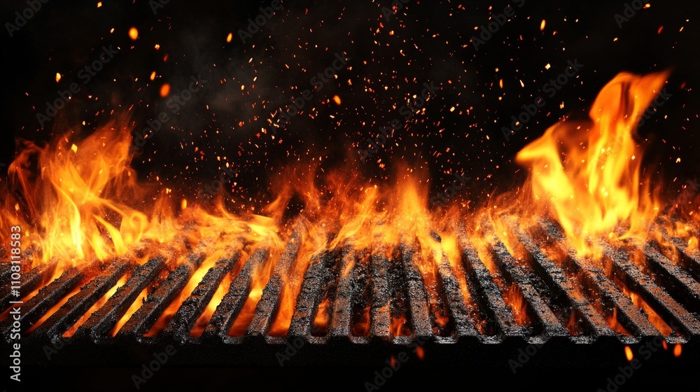 A close-up of a grill with flames and embers, showcasing cooking in action. A close-up of a grill with flames and embers, showcasing cooking in action.