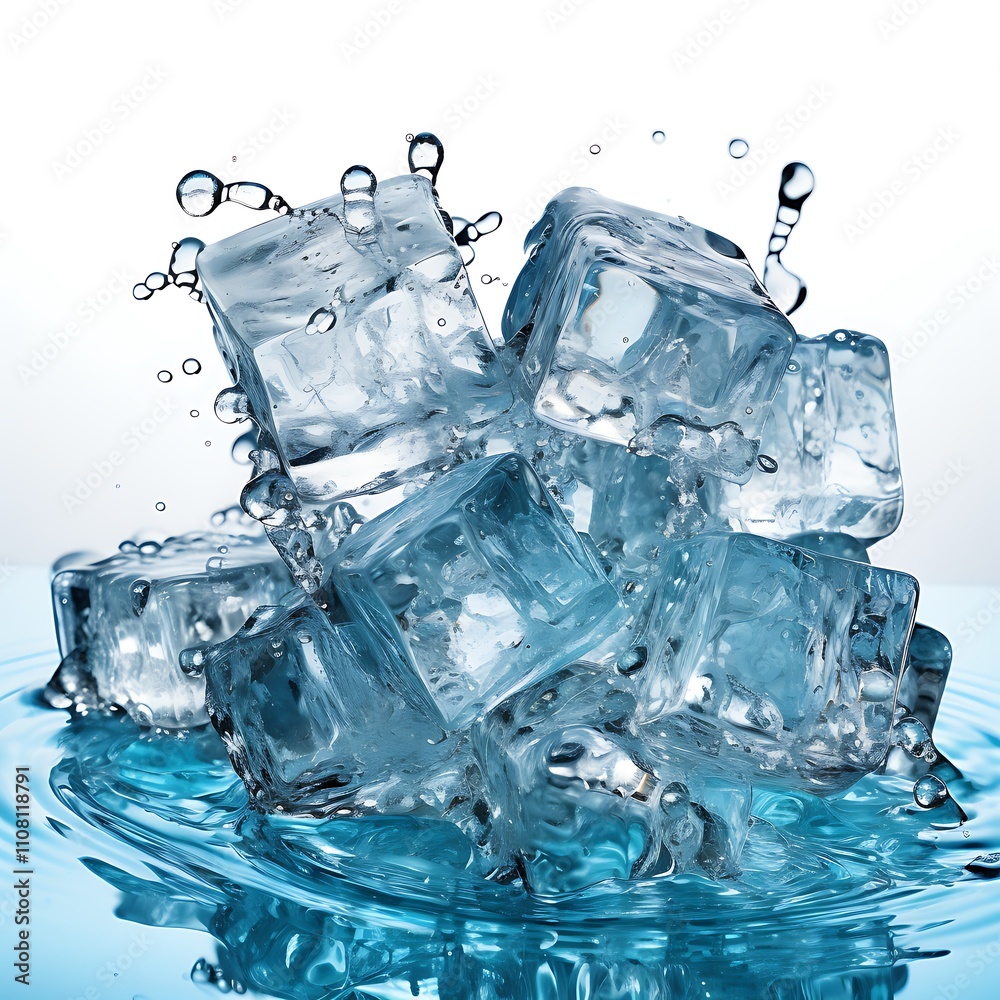 Obraz premium Ice cubes splashing in water, creating dynamic visual effects.