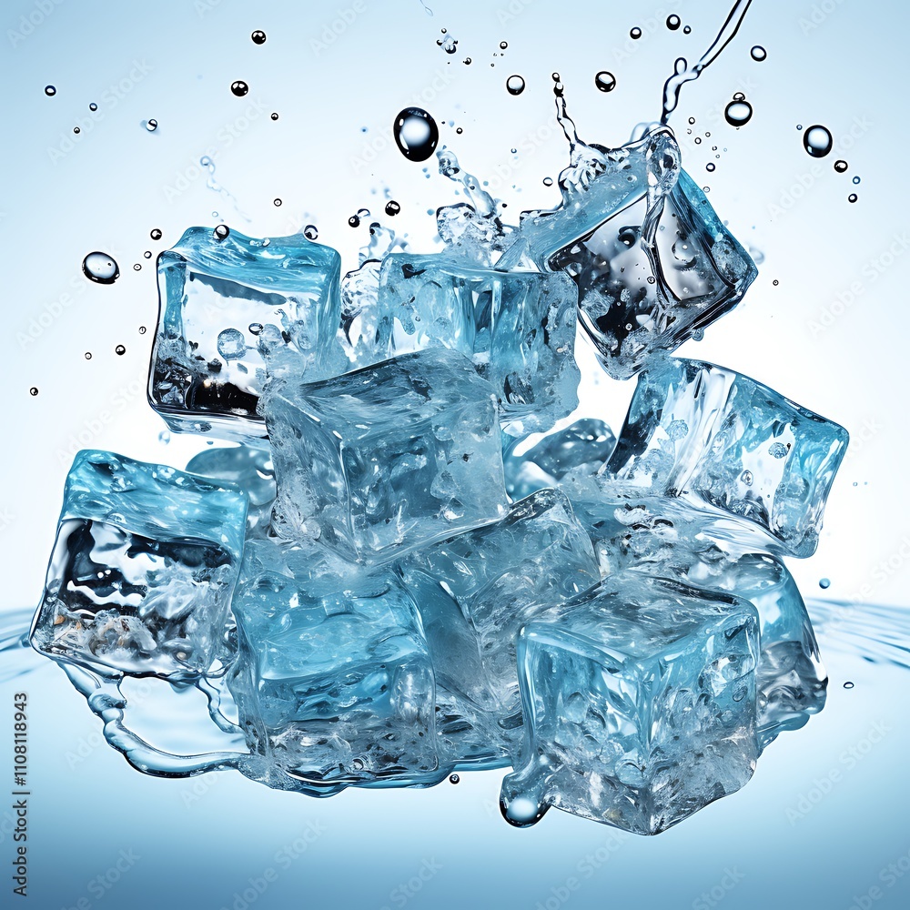 Obraz premium Ice cubes splashing in water, creating dynamic visual effects.