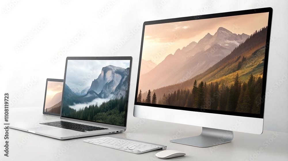 Fototapeta premium Modern workspace with computer and laptop on white desk, minimalist style
