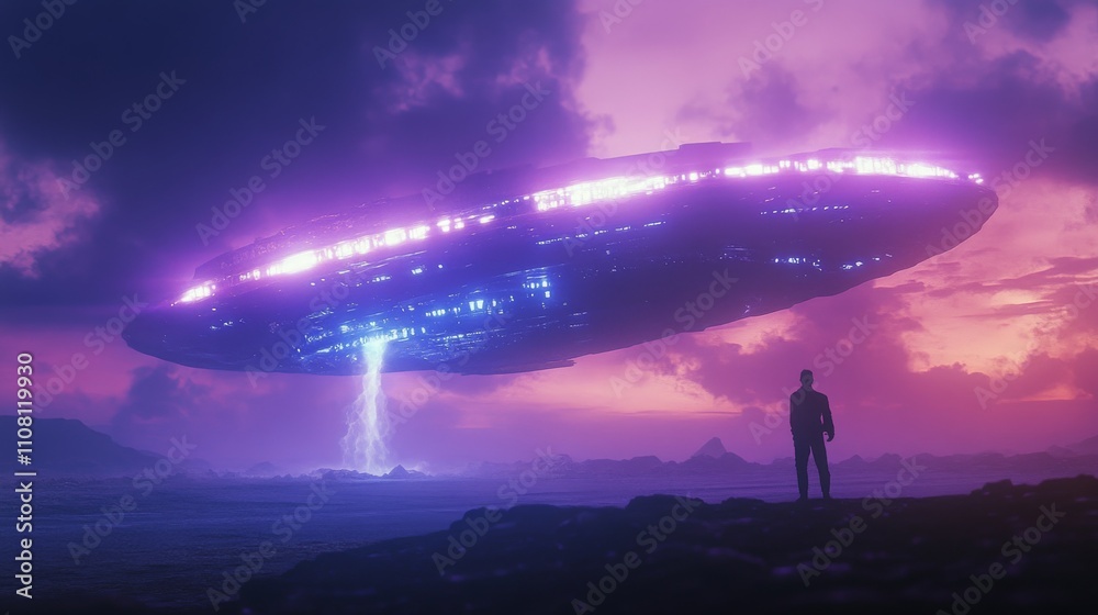 Fototapeta premium Mysterious purple UFO hovers over a distant city during twilight with a solitary figure observing