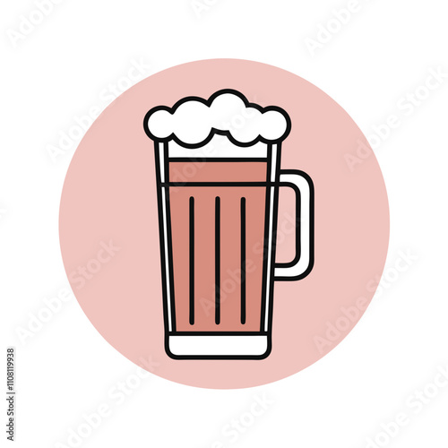 Minimal cartoon beer mug with foam, drawn in black and pink vector with circle background. Concept: bar branding, pub menu design, Oktoberfest visuals, Beer Day, Brewery Promo Week.