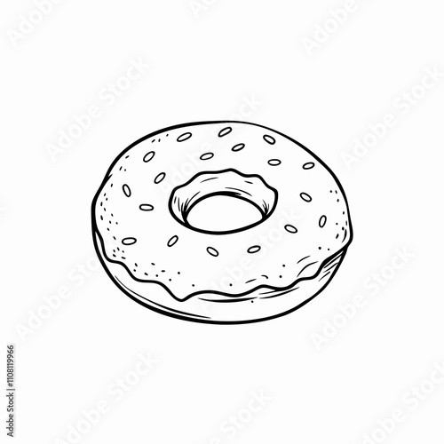 Outlined vector donut with icing and sprinkles, minimal black line drawing on white. Concept: bakery branding, dessert icon pack, food UI kit, Donut Day, Sweet Treat Week.
