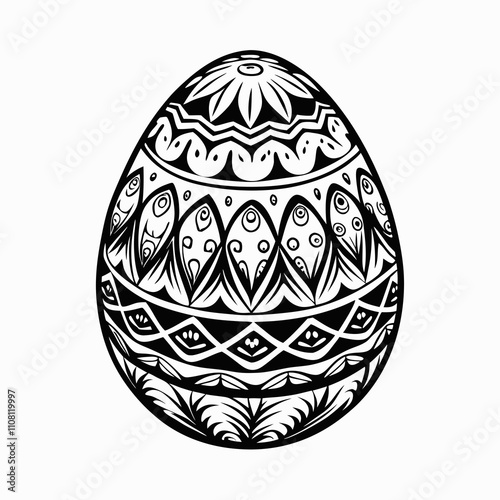 Intricate Easter egg with folk art patterns in black and white. Decorative design with symmetrical motifs on empty background. Concept: holiday crafts, Easter celebration, coloring book.