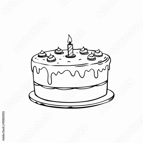 Whimsical hand-drawn birthday cake with dripping icing and single lit candle on circular stand. Simple black and white line art resembles child's drawing layered cake with decorative frosting dollops