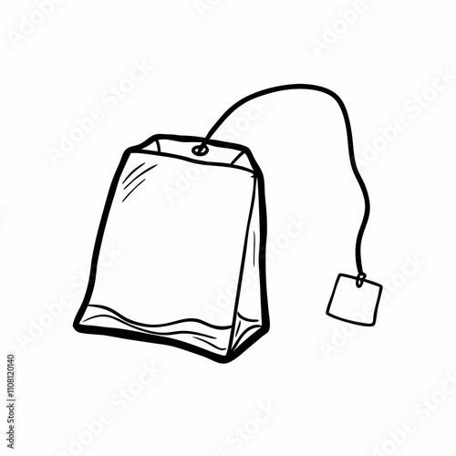  Minimalist tea bag illustration with hanging tag in black outline style, useful for tea packaging, organic product visuals or calm lifestyle branding. Concept: wellness design, tea packaging art, bev