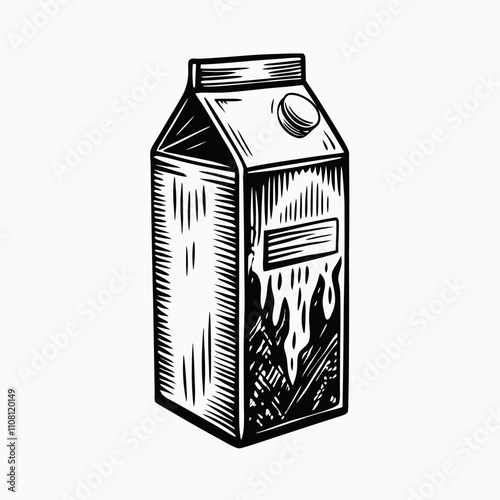 Line art illustration of a milk carton with a spilled design in black and white
