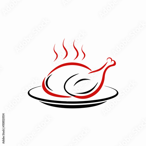  Hot chicken drumstick with steam lines in simple red and black outline, modern vector image for delivery app icons, fast food branding or minimalist food infographics. Concept: fast food menu visuals