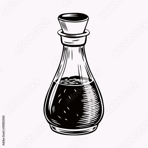 Balsamic Vinegar Bottle. Gourmet Label Design Concept
Classic black and white sketch of a balsamic vinegar bottle in minimal ink style. Upscale recipe layouts, gourmet packaging,  Italian cuisine 