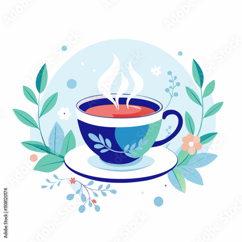 Blue and teal floral teacup with steam rising from reddish-brown tea. Green leaf wreath surrounds cup on pale blue circular background. Concept: tea shop, cozy cafe, gift boutique.