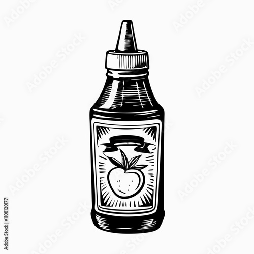 Vintage-style ketchup bottle with tomato illustration on label, monochrome vector image for food packaging mockups, condiment branding or retro culinary graphics. Concept: sauce product visuals, resta