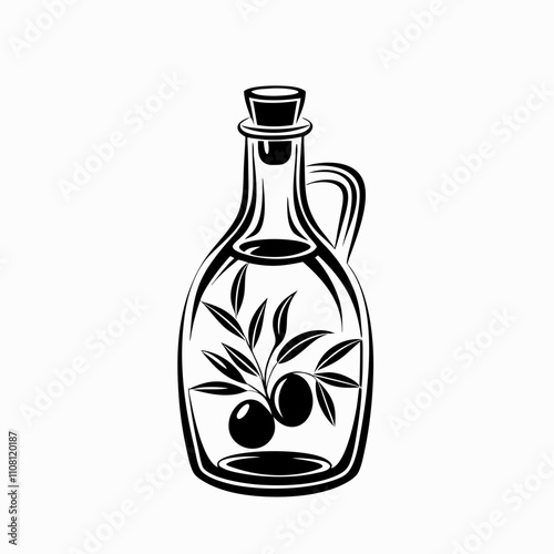 Elegant olive oil bottle with olives and leaves drawing on a white background