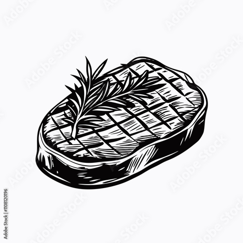Steak with Rosemary. Grillhouse and Premium Food Concept
Ink-style sketch of a grilled steak garnished with rosemary, black and white. Great for upscale butcher shops, steakhouse branding, or cookbook