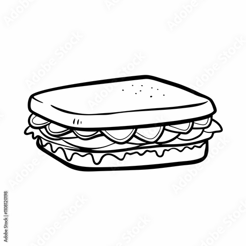 Classic sandwich in clean black and white line art, outline drawing usable in menu design, deli branding, fast food visuals or food delivery platform graphics. Concept: lunch visuals, snack branding, 