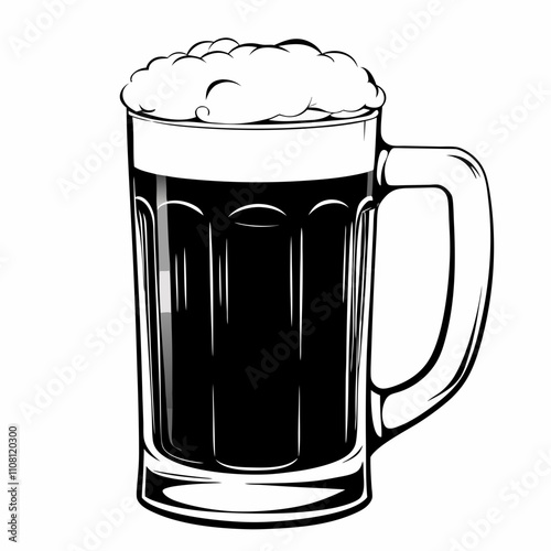 Cold beer in a frothy glass mug with a handle on a white background
