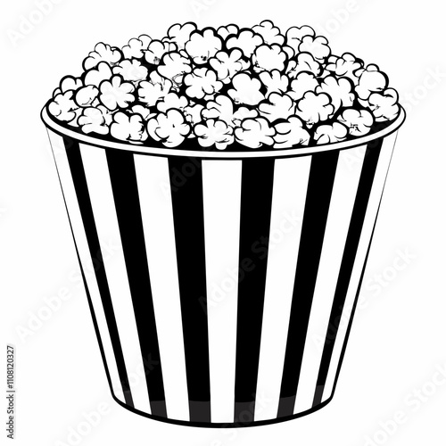 Popcorn overflows striped black and white bucket in simple cartoon style. Classic cinema snack illustration with heaping kernels. Concept: movie theater, entertainment venue, snack bar.