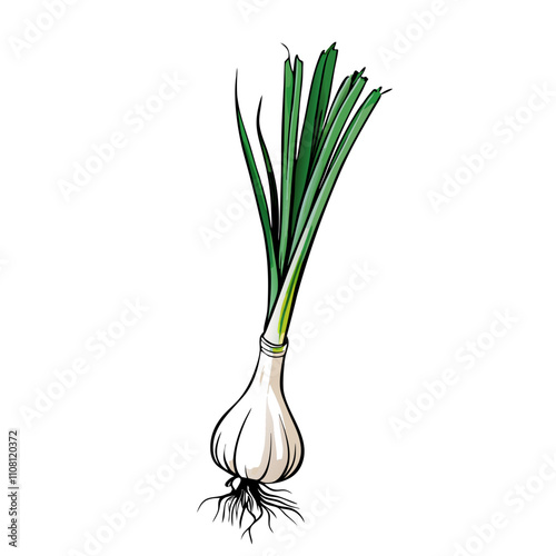  Fresh green onions on white background, minimalist image for healthy food promotion, recipe cards or eco-packaging concepts. Concept: vegetarian blog visuals, organic branding, grocery print material