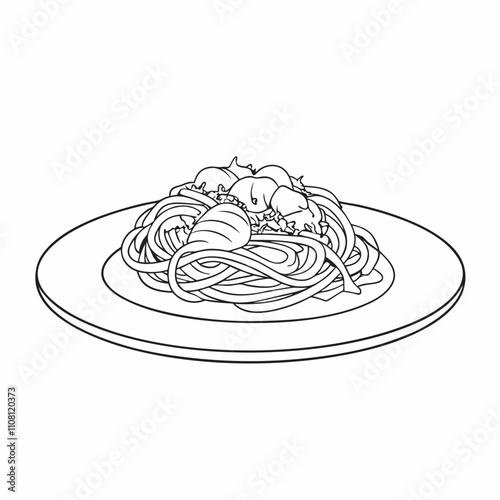Plate of spaghetti with sauce on white background, visual designed for restaurant menus, Italian recipe content or pasta ads. Concept: food delivery app visuals, recipe website, Italian restaurant des