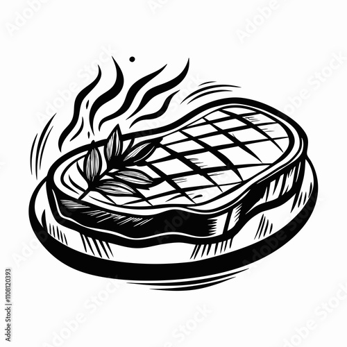 Grilled steak on a plate with herbs and steam illustration on a white background
