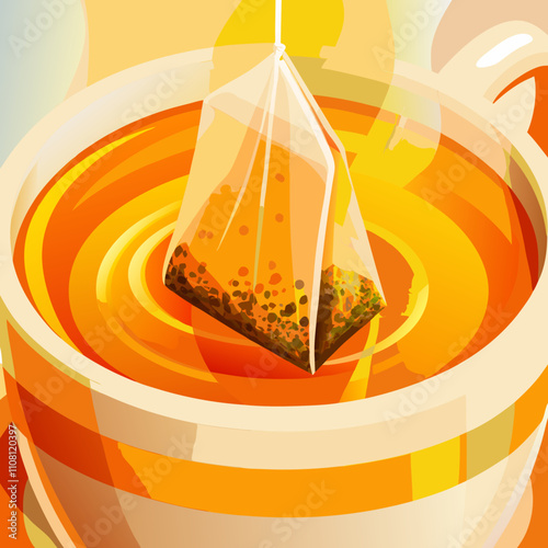 Hot tea being brewed in a cup with a teabag on a colorful background