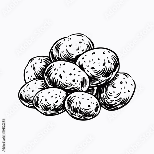 Vintage-style black and white potato pile etching with detailed texturing. Botanical illustration gives three-dimensional appearance in monochromatic palette. Concept farm heritage, gourmet food, culi