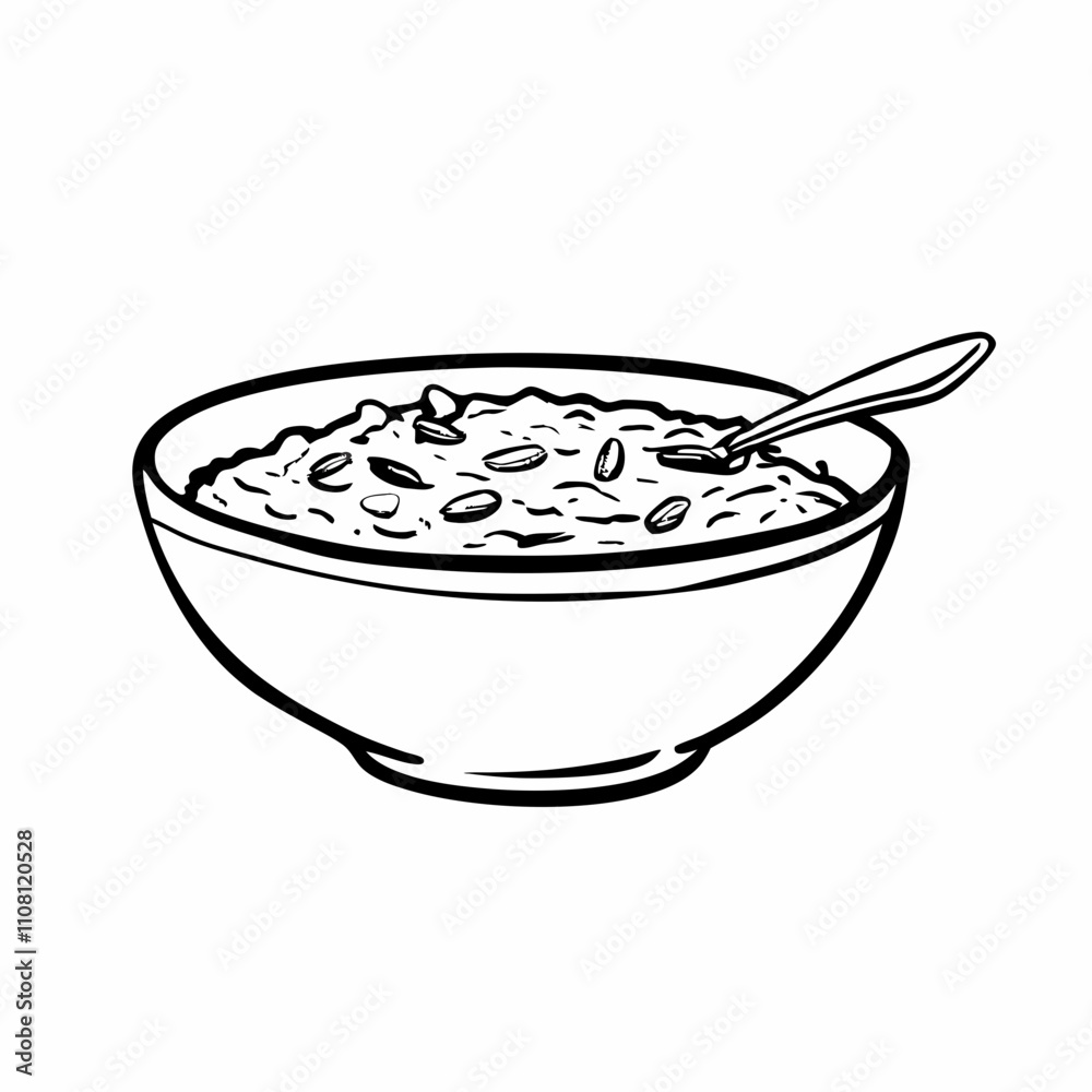 Bowl of oatmeal with spoon resting on edge in simple line drawing. Breakfast porridge topped with seeds or nuts. Concept: breakfast, health food, nutrition. Bowl of oatmeal with spoon resting on edge in simple line drawing. Breakfast porridge topped with seeds or nuts. Concept: breakfast, health food, nutrition.