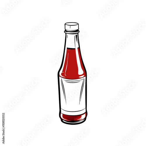 Classic ketchup bottle with red content, outlined in cartoon black vector style. Concept: condiment label design, food delivery pack, diner branding, Ketchup Day, Street Food Week.