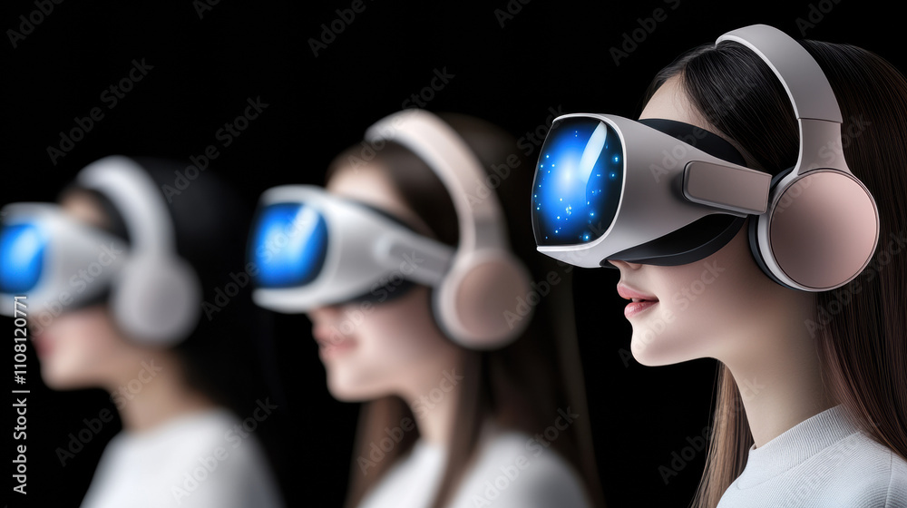Women immersed in virtual reality with futuristic headsets, AI