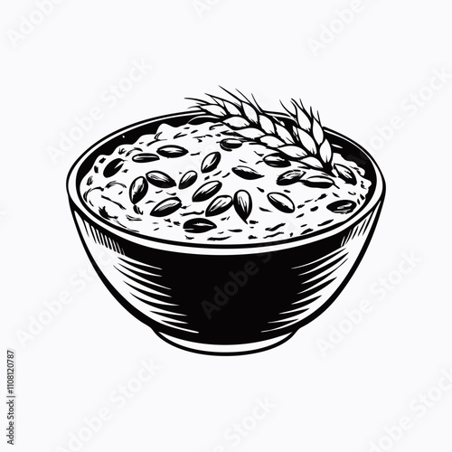 Vector bowl of porridge with berries and leaves, hand-sketched in black with detailed texture. Concept: breakfast branding, healthy recipe blog, vegan menu, Oatmeal Day, Wellness Week.