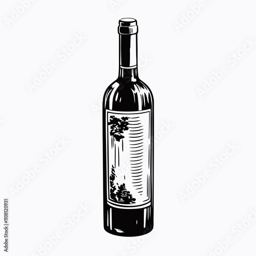 Black and white sketch-style wine bottle illustration stands upright vintage aesthetic. Partially visible label, authentic detail, clean background.Concept winery Restaurant menu Beverage distributor